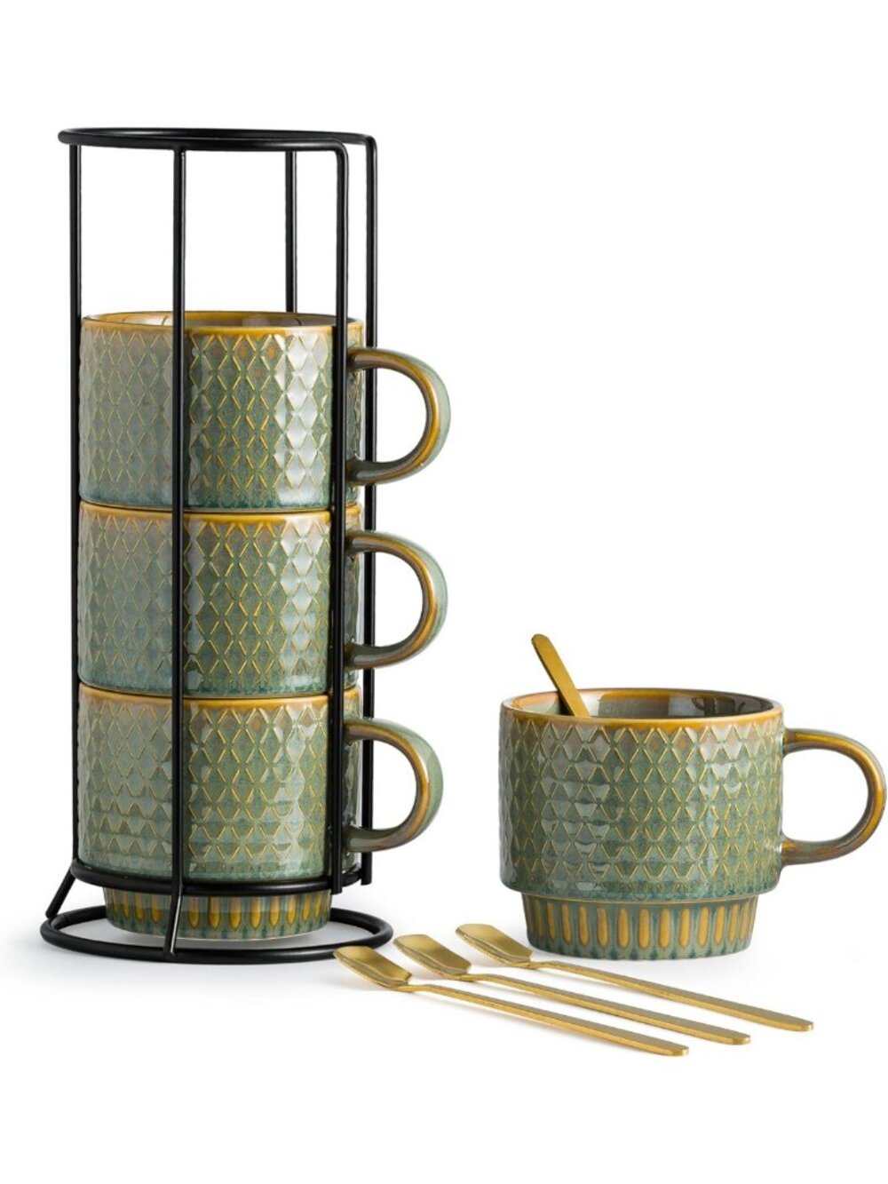 Stackable Ceramic Coffee Mugs Set of 4 with Rack & Spoons - 13 Oz Kitchen Cups